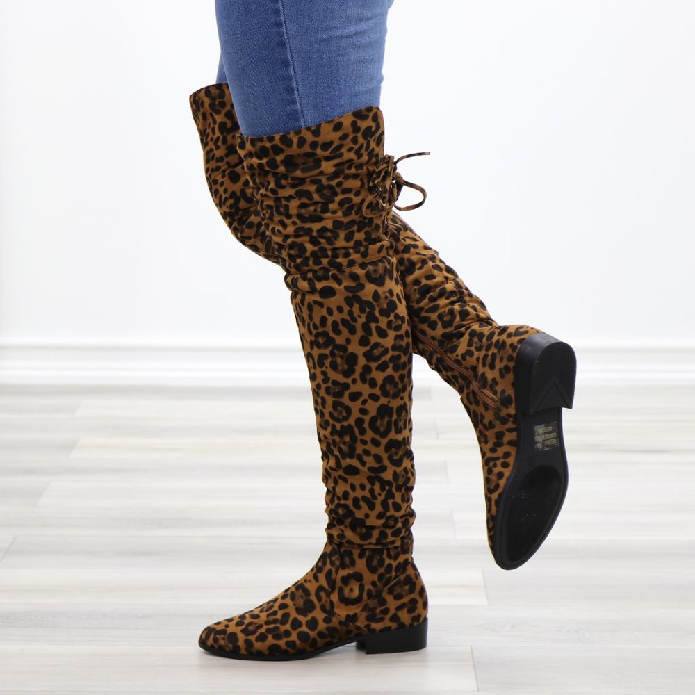 Leopard Suede Thigh High Flat Boot Lace Up Back - Picture 10 of 14